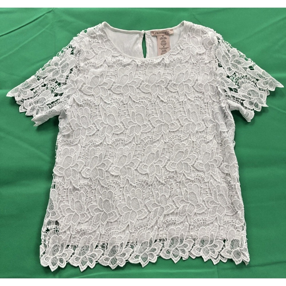 Philosophy Blouse Womens S White Battenberg Lace Short Sleeve Fancy Top Romantic